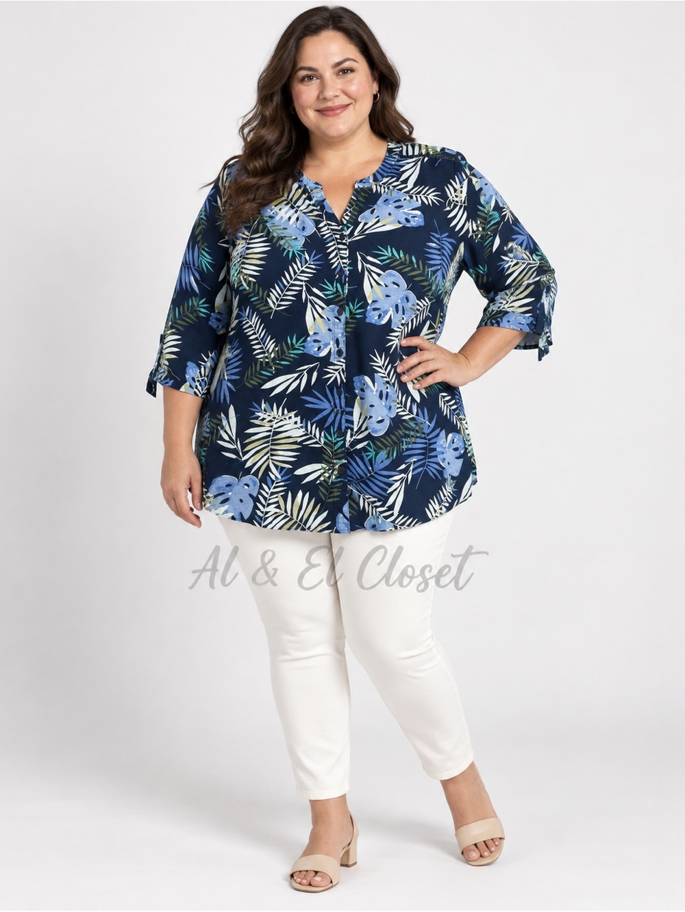 Erika 2X Blue Tropical Leaf Print Button Front Blouse Top